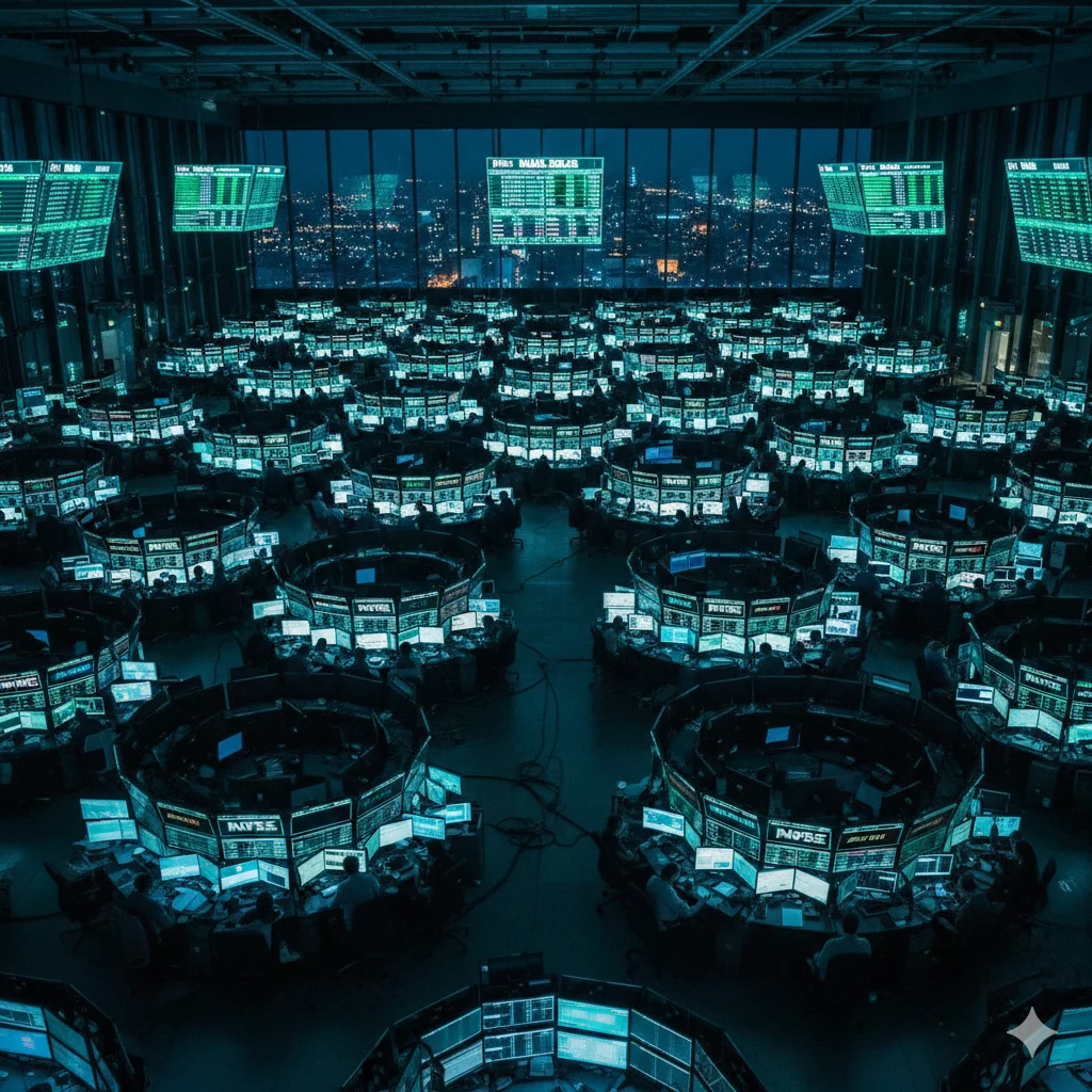 NYSE trading floor with green screens